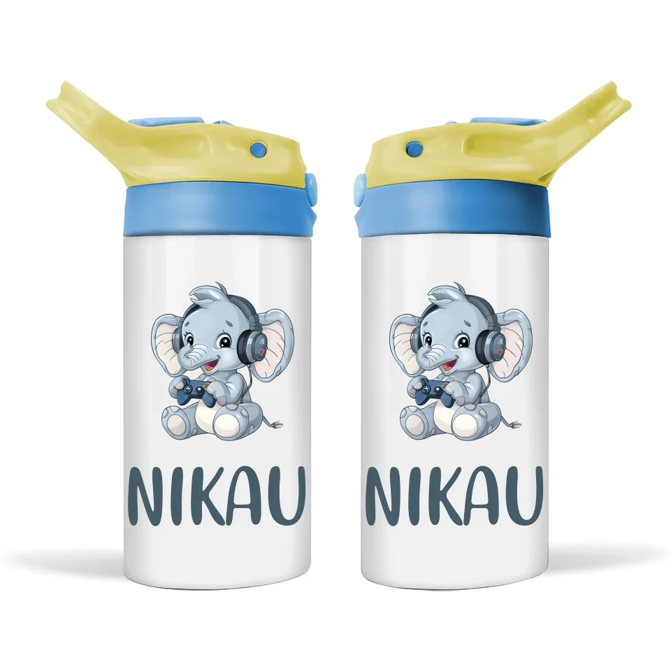Personalised Kids Sippy Bottle - Cute Gamer Elephant Design with Custom Name
