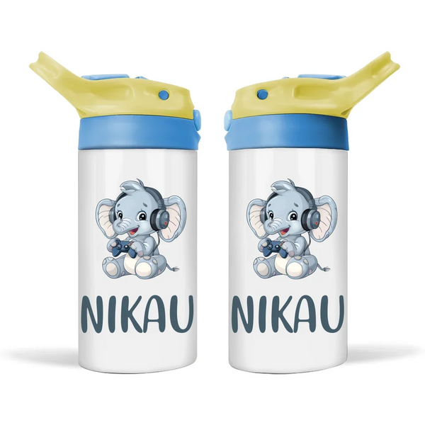 Personalised Kids Sippy Bottle - Cute Gamer Elephant Design with Custom Name