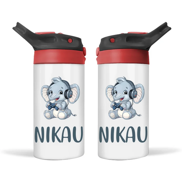 Personalised Kids Sippy Bottle - Cute Gamer Elephant Design with Custom Name