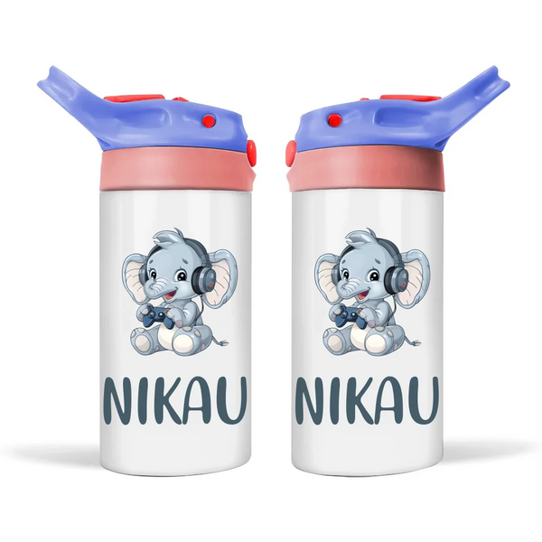 Personalised Kids Sippy Bottle - Cute Gamer Elephant Design with Custom Name