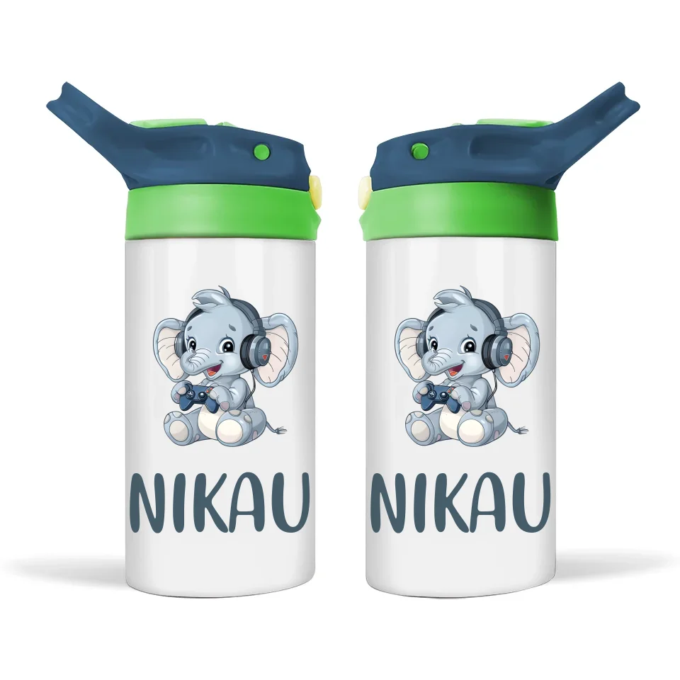 Personalised Kids Sippy Bottle - Cute Gamer Elephant Design with Custom Name