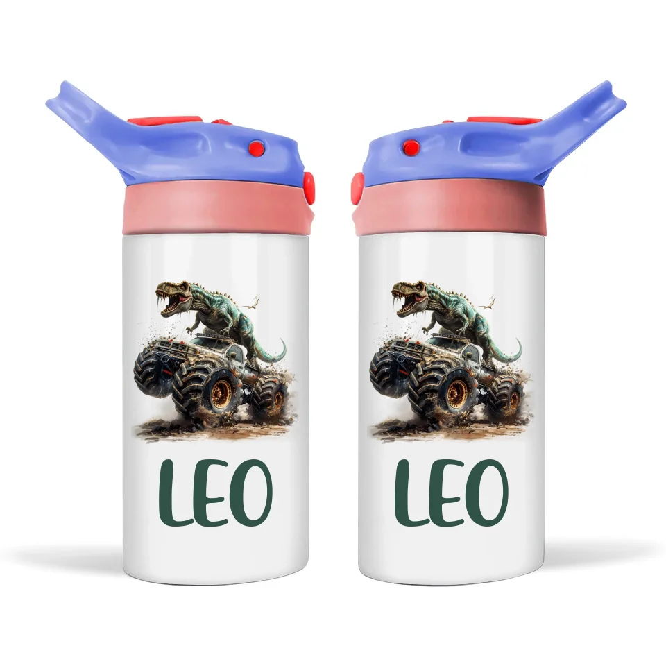 Personalised Kids Sippy Bottle - Fierce Dinosaur Monster Truck Design with Custom Name