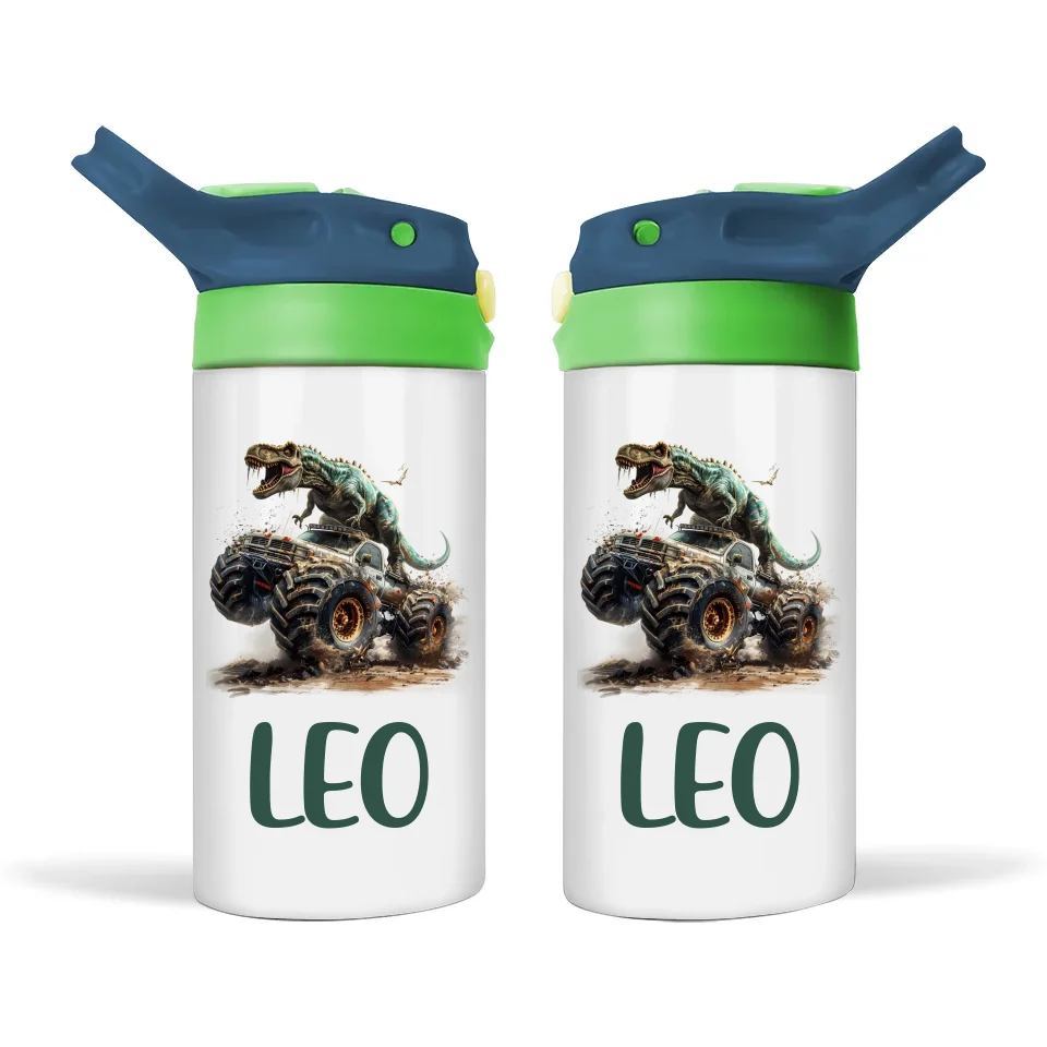 Personalised Kids Sippy Bottle - Fierce Dinosaur Monster Truck Design with Custom Name