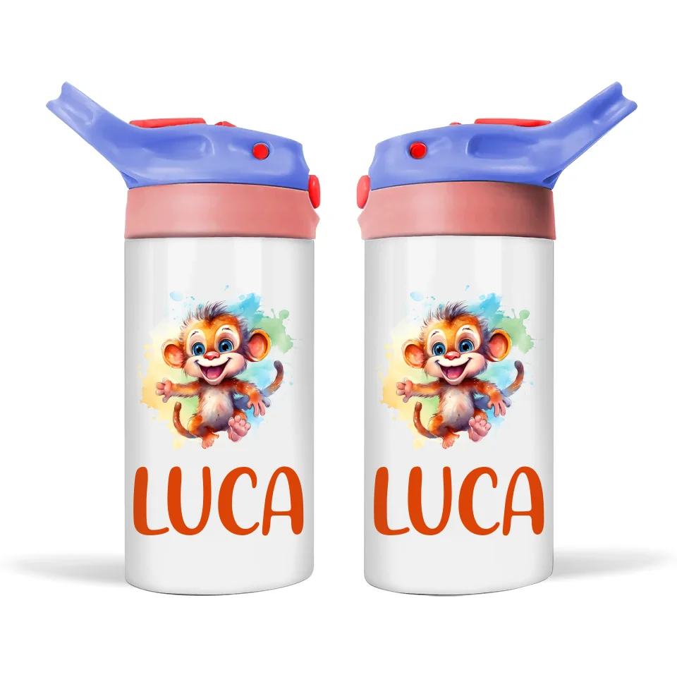 Personalised Kids Sippy Bottle - Playful Monkey Design with Custom Name