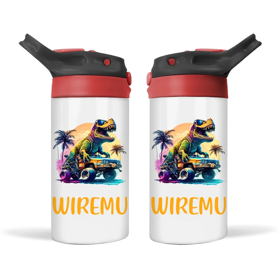 Personalised Kids Sippy Bottle - Cool Dinosaur Off-Road Adventure Design with Custom Name