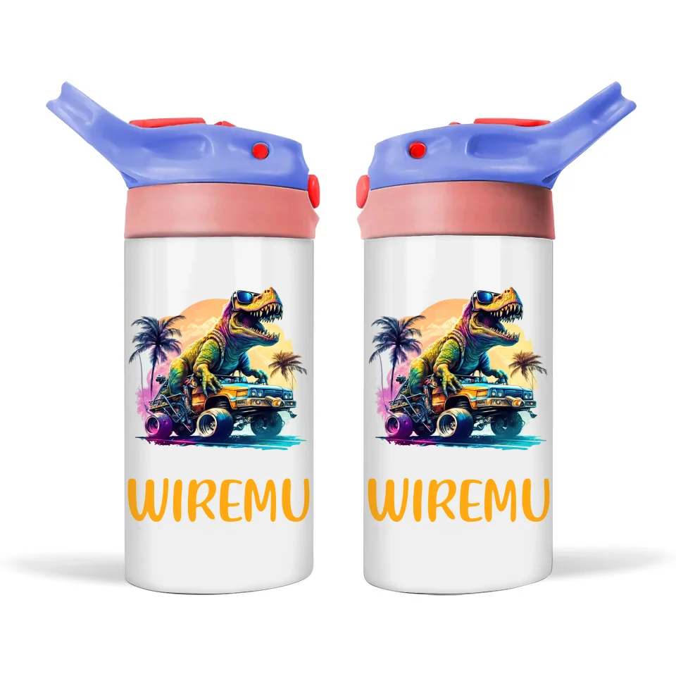 Personalised Kids Sippy Bottle - Cool Dinosaur Off-Road Adventure Design with Custom Name