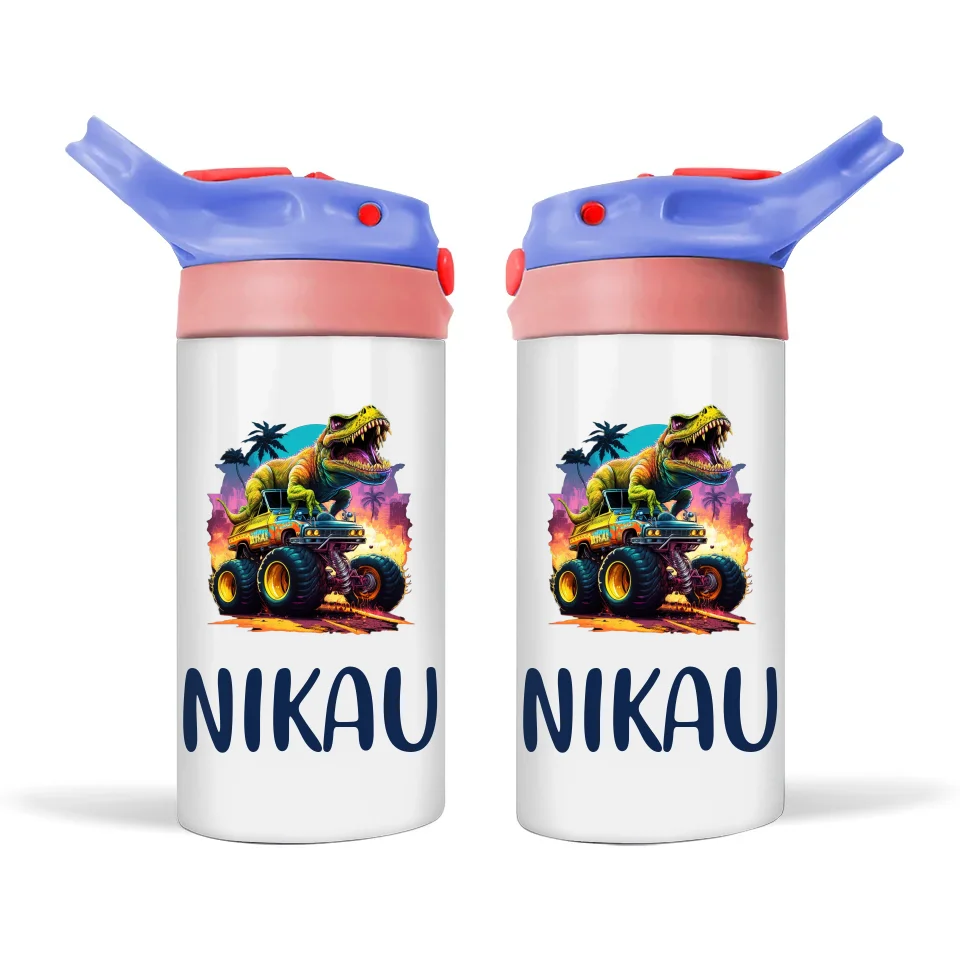 Personalised Kids Sippy Bottle - Dinosaur Monster Truck Design with Custom Name