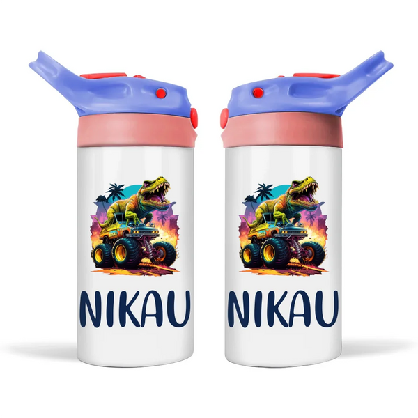 Personalised Kids Sippy Bottle - Dinosaur Monster Truck Design with Custom Name