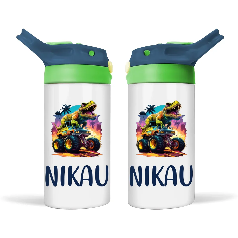 Personalised Kids Sippy Bottle - Dinosaur Monster Truck Design with Custom Name