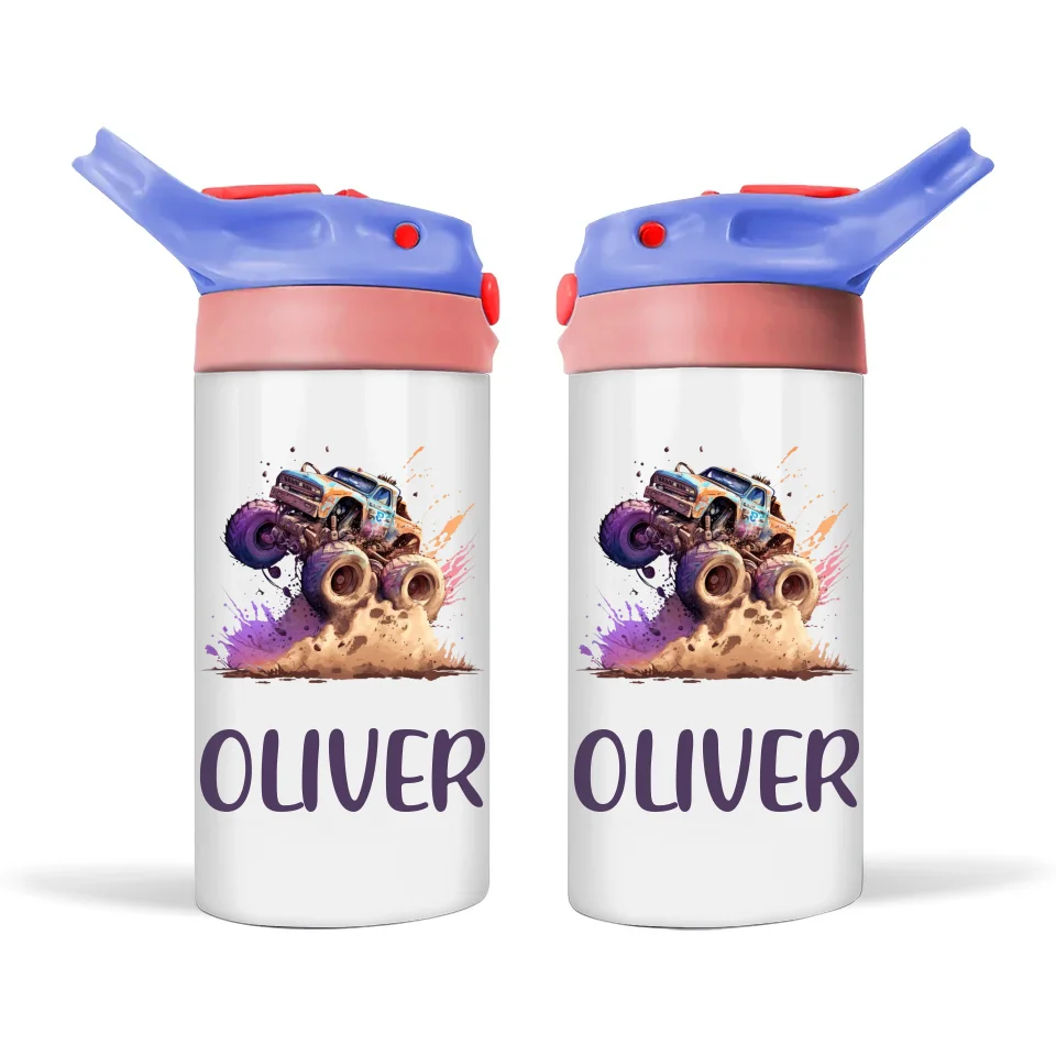 Personalised Monster Truck Sippy Bottle – Custom Name Kids Drink Bottle – 350ml Spill-Proof