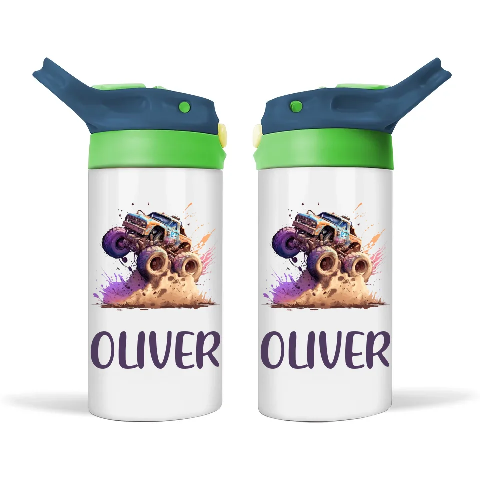 Personalised Monster Truck Sippy Bottle – Custom Name Kids Drink Bottle – 350ml Spill-Proof