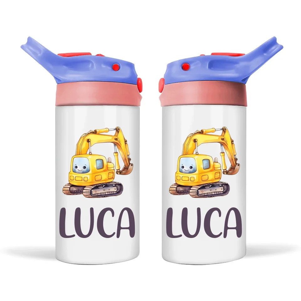 Personalised Digger Sippy Bottle – Custom Name Kids Drink Bottle – 350ml Spill-Proof