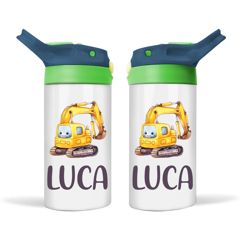 Personalised Digger Sippy Bottle – Custom Name Kids Drink Bottle – 350ml Spill-Proof