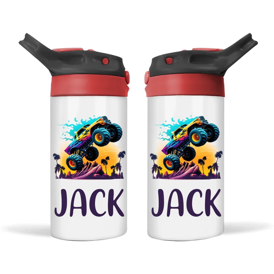 Personalised Monster Truck Sippy Bottle – Custom Name Kids Drink Bottle – 350ml Spill-Proof