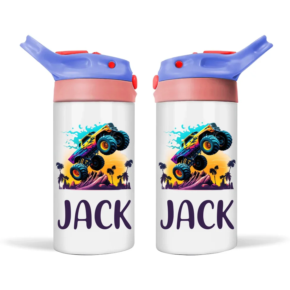 Personalised Monster Truck Sippy Bottle – Custom Name Kids Drink Bottle – 350ml Spill-Proof