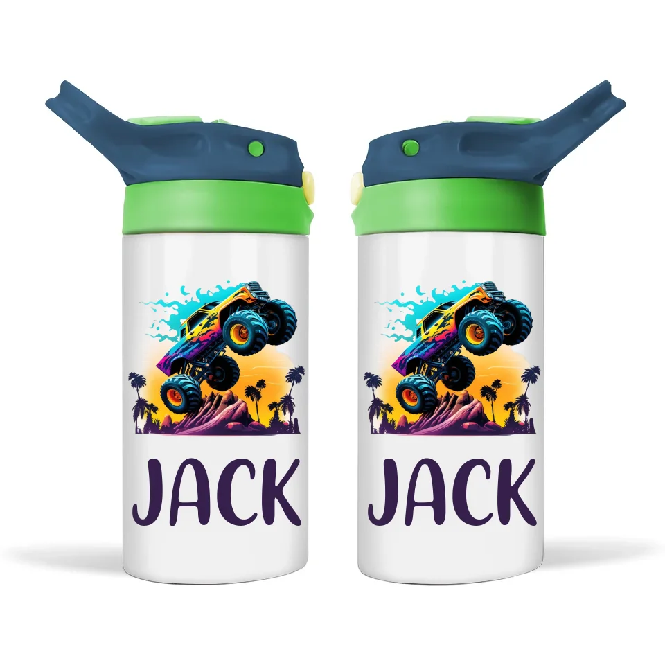 Personalised Monster Truck Sippy Bottle – Custom Name Kids Drink Bottle – 350ml Spill-Proof