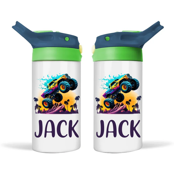 Personalised Monster Truck Sippy Bottle – Custom Name Kids Drink Bottle – 350ml Spill-Proof