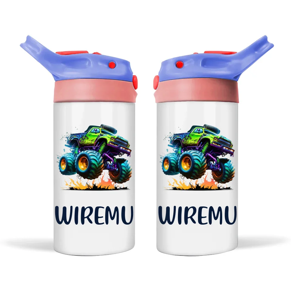 Personalised Monster Truck Sippy Bottle – Custom Name Kids Drink Bottle – 350ml Spill-Proof