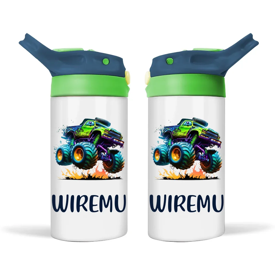 Personalised Monster Truck Sippy Bottle – Custom Name Kids Drink Bottle – 350ml Spill-Proof