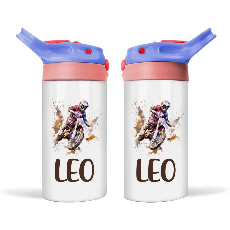 Personalised Dirt Bike Sippy Bottle – Custom Name Kids Drink Bottle – 350ml Spill-Proof