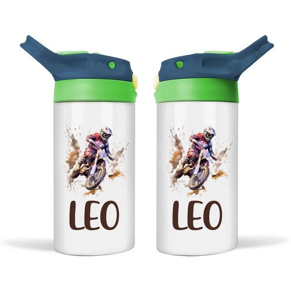 Personalised Dirt Bike Sippy Bottle – Custom Name Kids Drink Bottle – 350ml Spill-Proof
