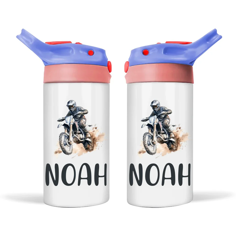 Personalised Motocross Sippy Bottle – Custom Name Kids Drink Bottle – 350ml Spill-Proof