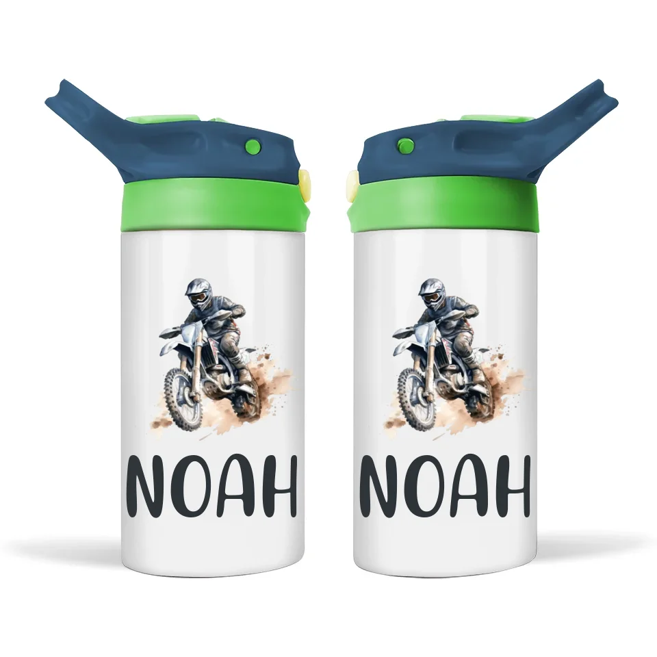 Personalised Motocross Sippy Bottle – Custom Name Kids Drink Bottle – 350ml Spill-Proof