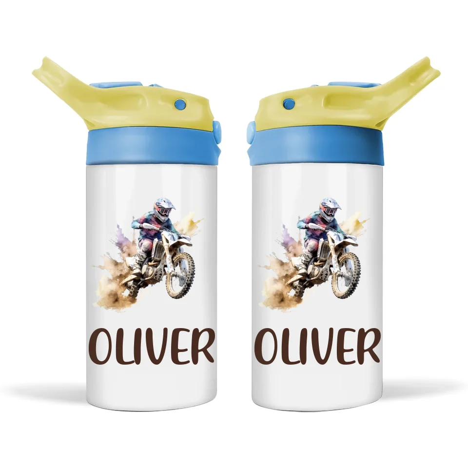 Personalised Dirt Bike Sippy Bottle – Custom Name Kids Drink Bottle – 350ml Leak-Proof 🚴💨