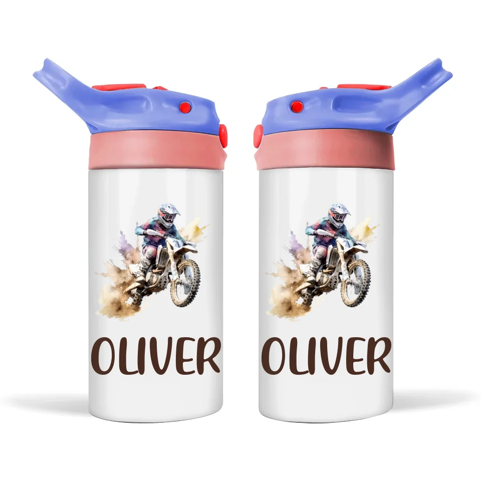 Personalised Dirt Bike Sippy Bottle – Custom Name Kids Drink Bottle – 350ml Leak-Proof 🚴💨