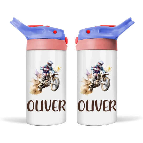 Personalised Dirt Bike Sippy Bottle – Custom Name Kids Drink Bottle – 350ml Leak-Proof 🚴💨