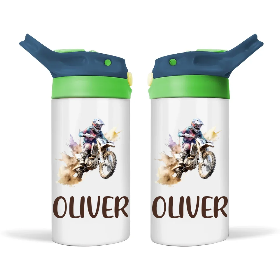 Personalised Dirt Bike Sippy Bottle – Custom Name Kids Drink Bottle – 350ml Leak-Proof 🚴💨
