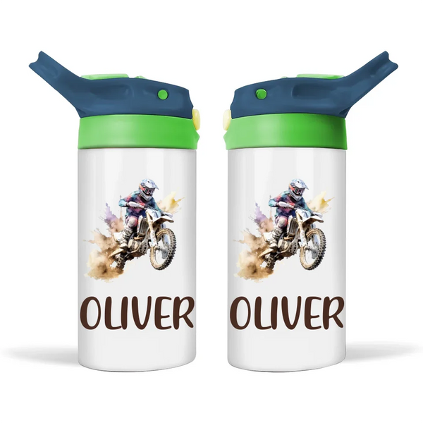 Personalised Dirt Bike Sippy Bottle – Custom Name Kids Drink Bottle – 350ml Leak-Proof 🚴💨