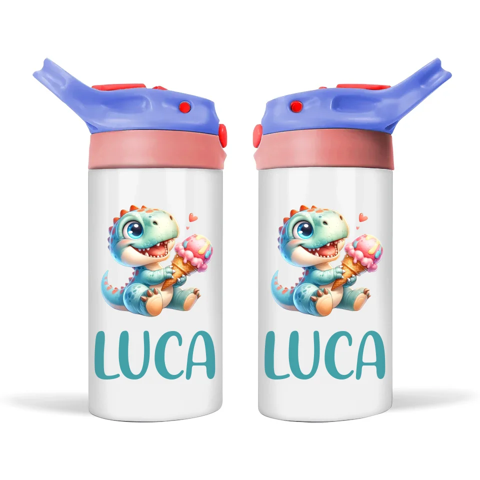 Personalised Dinosaur Sippy Bottle – Custom Name Kids Drink Bottle – 350ml Double-Walled Stainless Steel