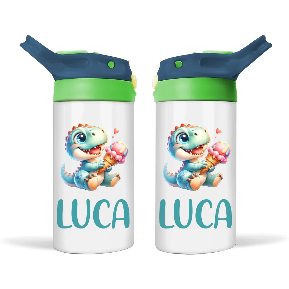 Personalised Dinosaur Sippy Bottle – Custom Name Kids Drink Bottle – 350ml Double-Walled Stainless Steel