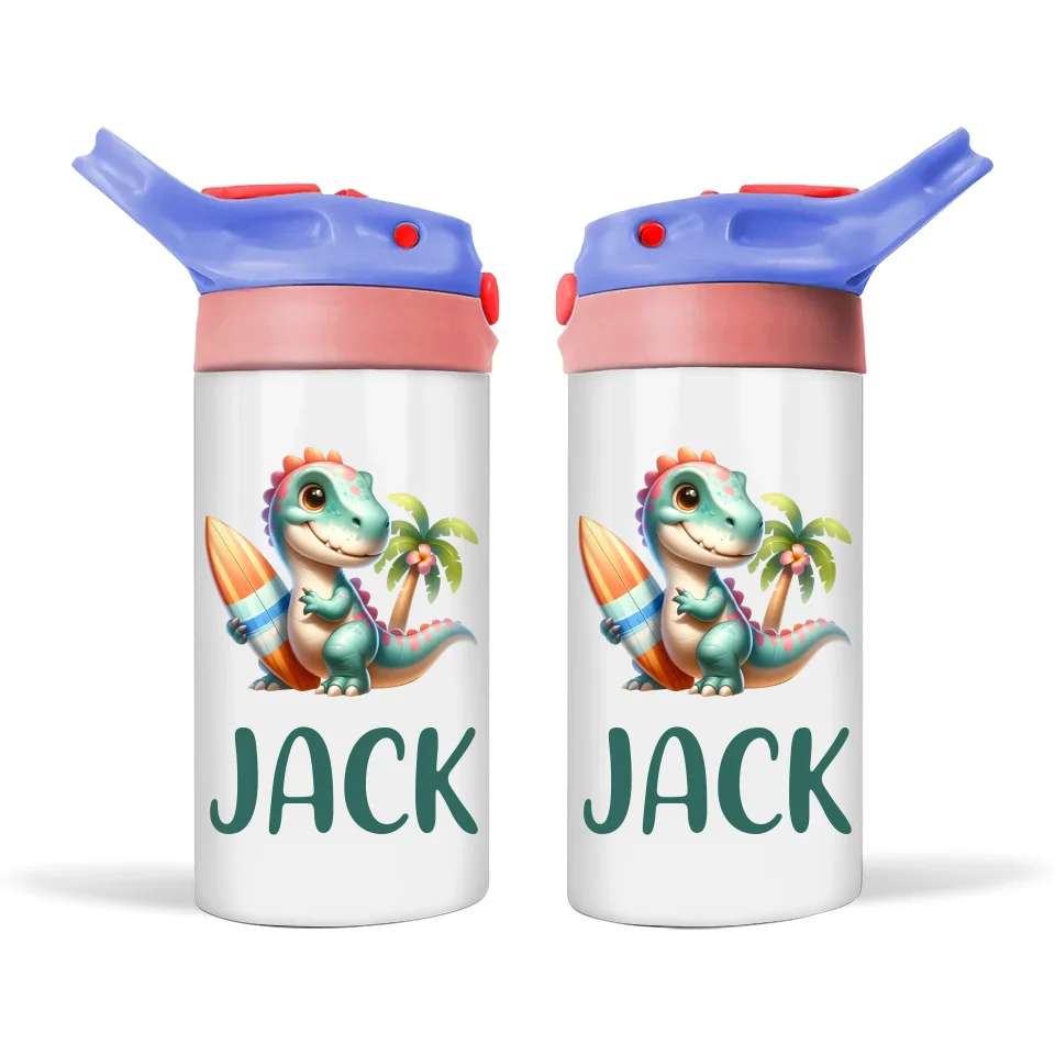 Personalised Dinosaur Sippy Bottle – Custom Name Kids Drink Bottle – 350ml Double-Walled Stainless Steel