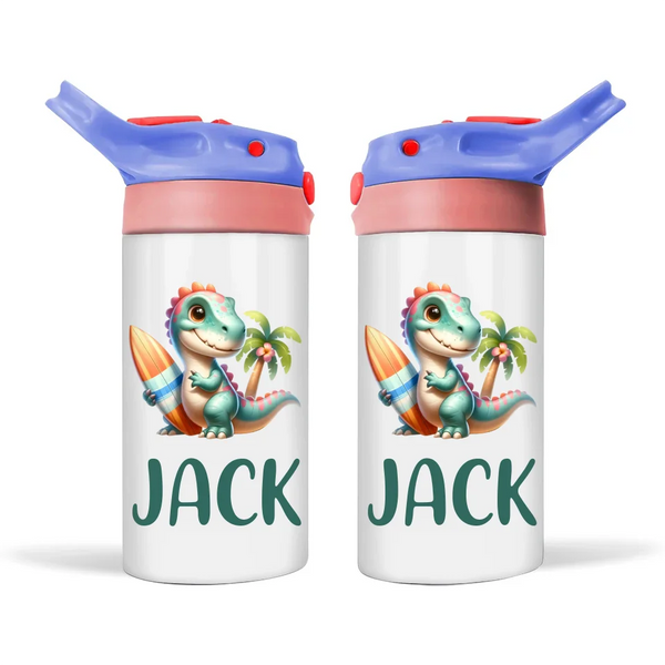 Personalised Dinosaur Sippy Bottle – Custom Name Kids Drink Bottle – 350ml Double-Walled Stainless Steel