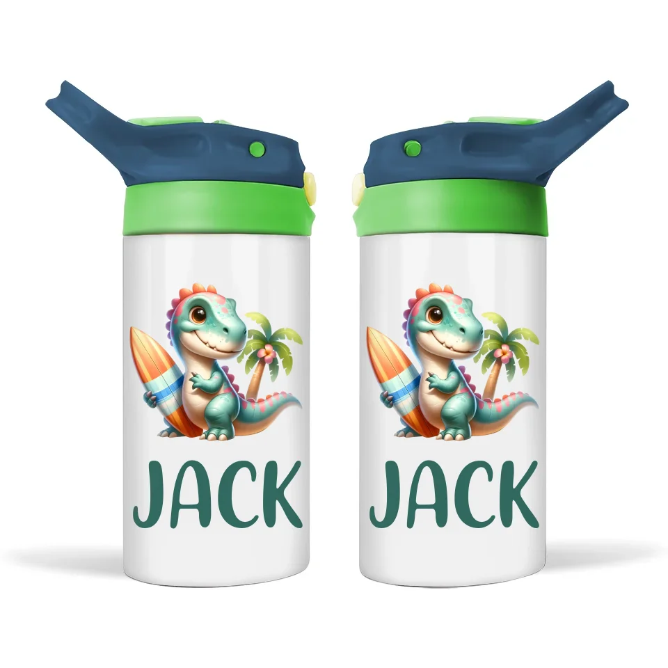 Personalised Dinosaur Sippy Bottle – Custom Name Kids Drink Bottle – 350ml Double-Walled Stainless Steel