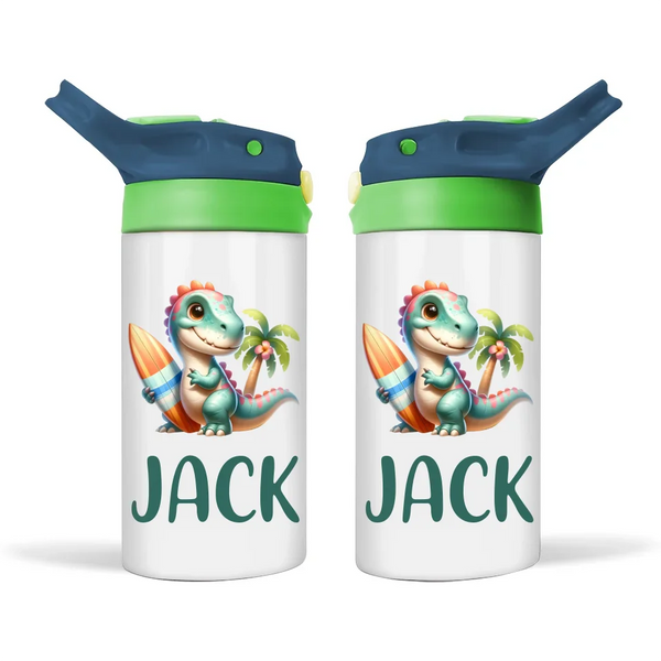 Personalised Dinosaur Sippy Bottle – Custom Name Kids Drink Bottle – 350ml Double-Walled Stainless Steel