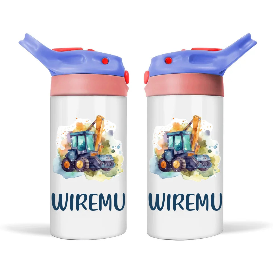 Personalised Kids Sippy Bottle – Custom Name Construction Digger – 350ml Double-Walled Stainless Steel