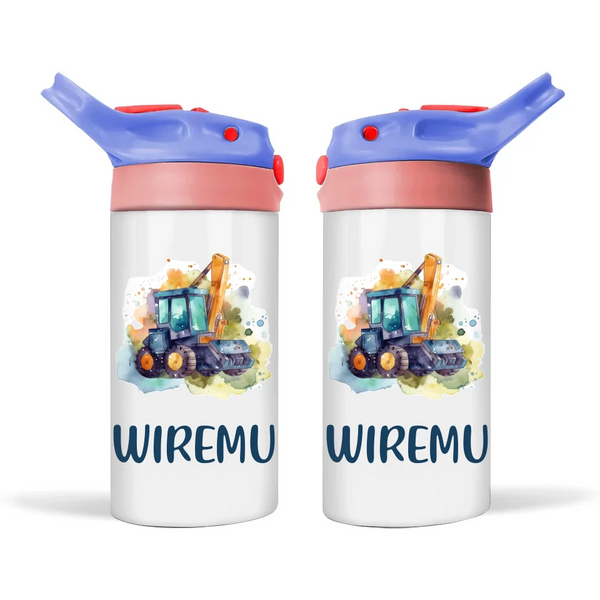 Personalised Kids Sippy Bottle – Custom Name Construction Digger – 350ml Double-Walled Stainless Steel