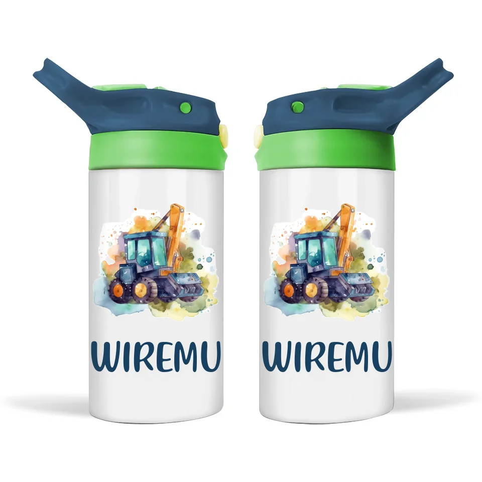 Personalised Kids Sippy Bottle – Custom Name Construction Digger – 350ml Double-Walled Stainless Steel