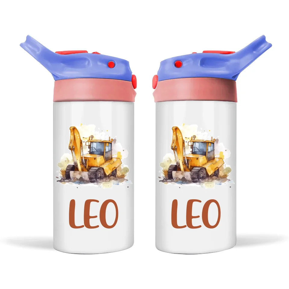 Personalised Digger Sippy Bottle – 350ml Double-Walled Kids Drink Bottle with Name
