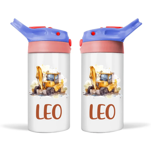 Personalised Digger Sippy Bottle – 350ml Double-Walled Kids Drink Bottle with Name