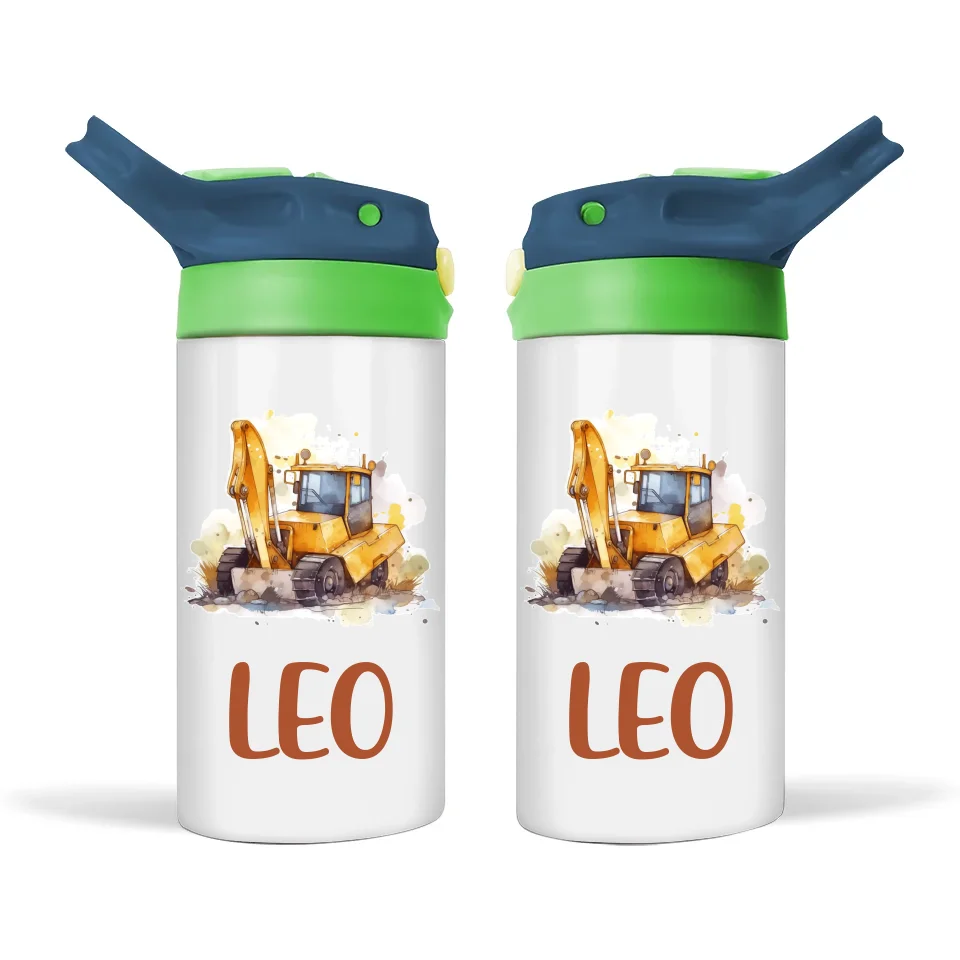 Personalised Digger Sippy Bottle – 350ml Double-Walled Kids Drink Bottle with Name