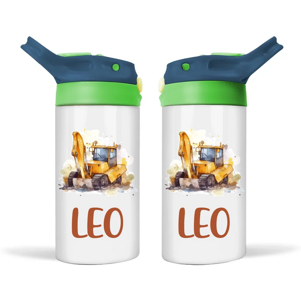 Personalised Digger Sippy Bottle – 350ml Double-Walled Kids Drink Bottle with Name