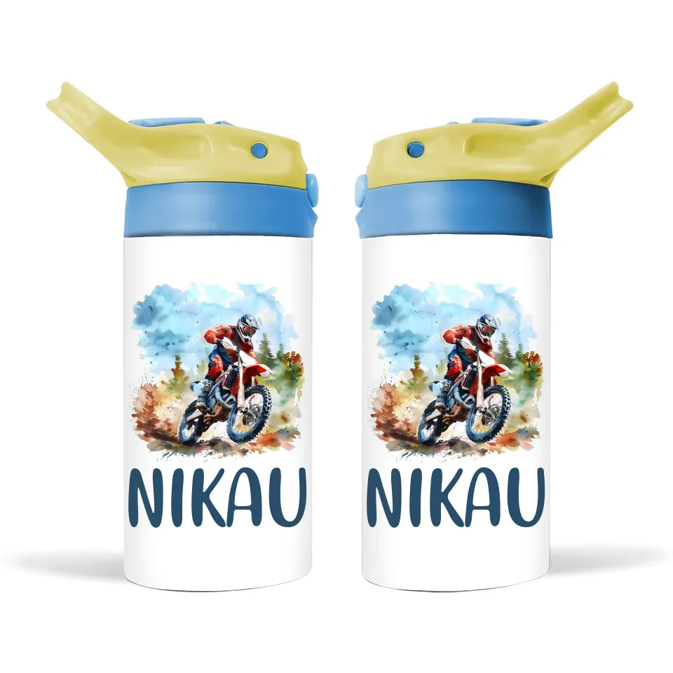 Personalised Dirt Bike Sippy Bottle – Custom Name Kids Drink Bottle – 350ml Spill-Proof