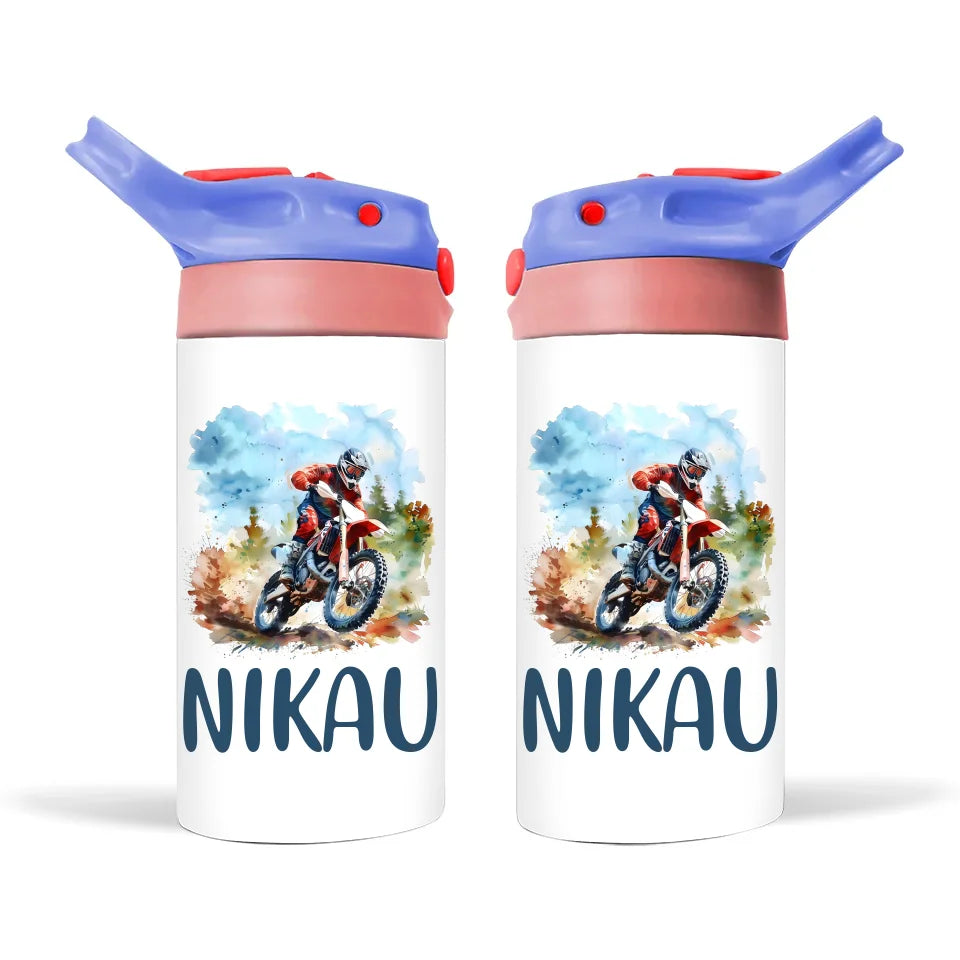Personalised Dirt Bike Sippy Bottle – Custom Name Kids Drink Bottle – 350ml Spill-Proof