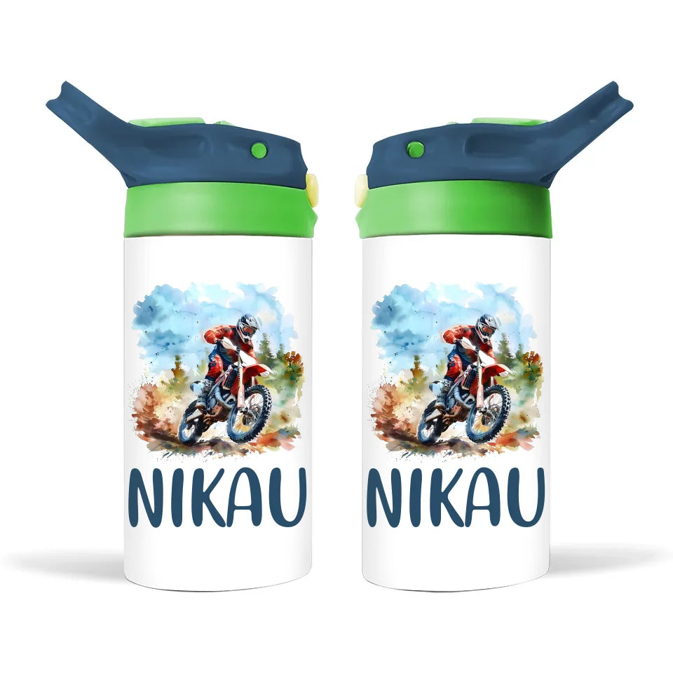 Personalised Dirt Bike Sippy Bottle – Custom Name Kids Drink Bottle – 350ml Spill-Proof