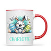 Personalised Easter Bunny Mug – Custom Name Cup for Kids – Happy Sketch Bunny with Colourful Eggs – Ceramic or Enamel – NZ Made