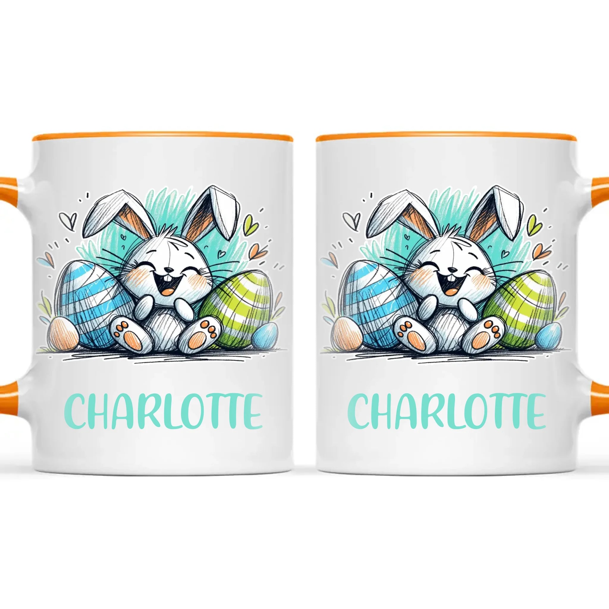 Personalised Easter Bunny Mug – Custom Name Cup for Kids – Happy Sketch Bunny with Colourful Eggs – Ceramic or Enamel – NZ Made